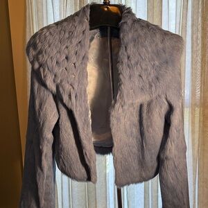Plush Genuine Rabbit  Cropped Teddy Jacket in Dusty medium blue